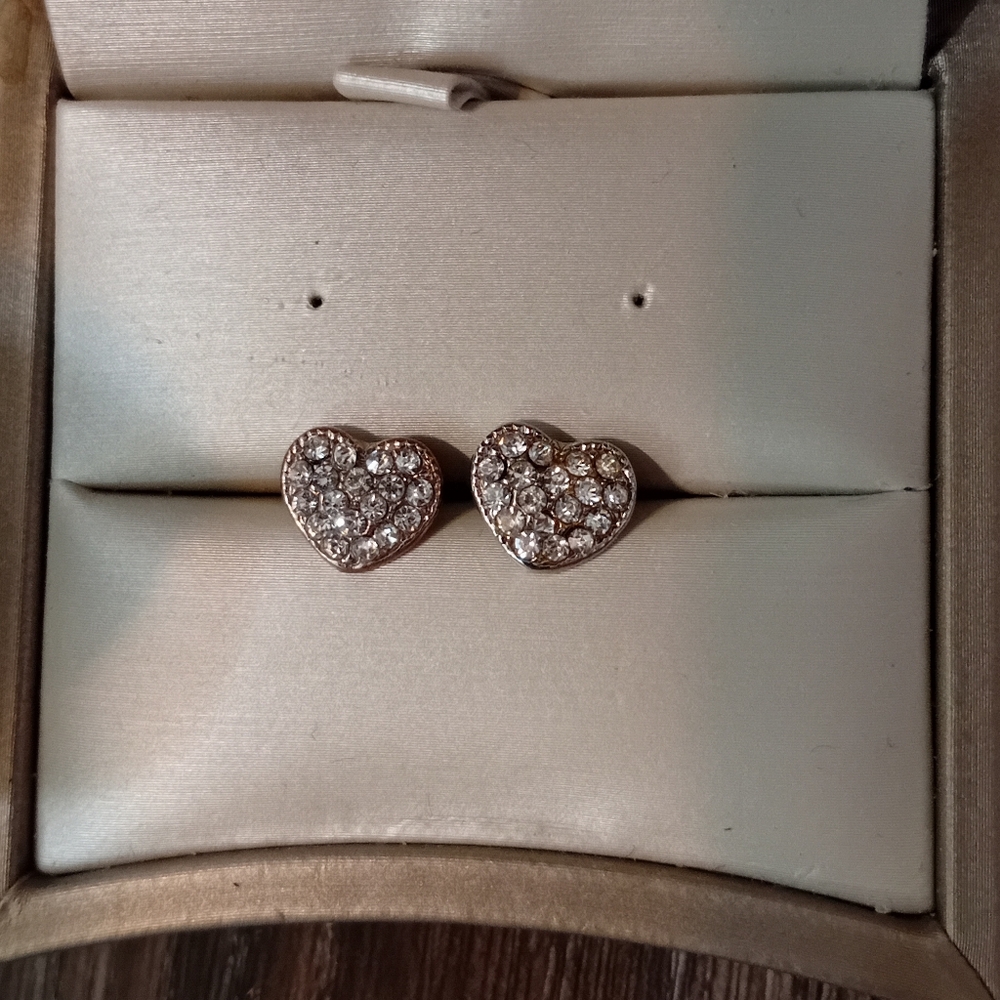 Heart-Shaped Faux Crystal Stud Earrings - Silver Tone